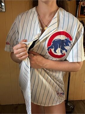 Majestic Chicago Cubs Pinstripe Jersey in White, Blue & Red
